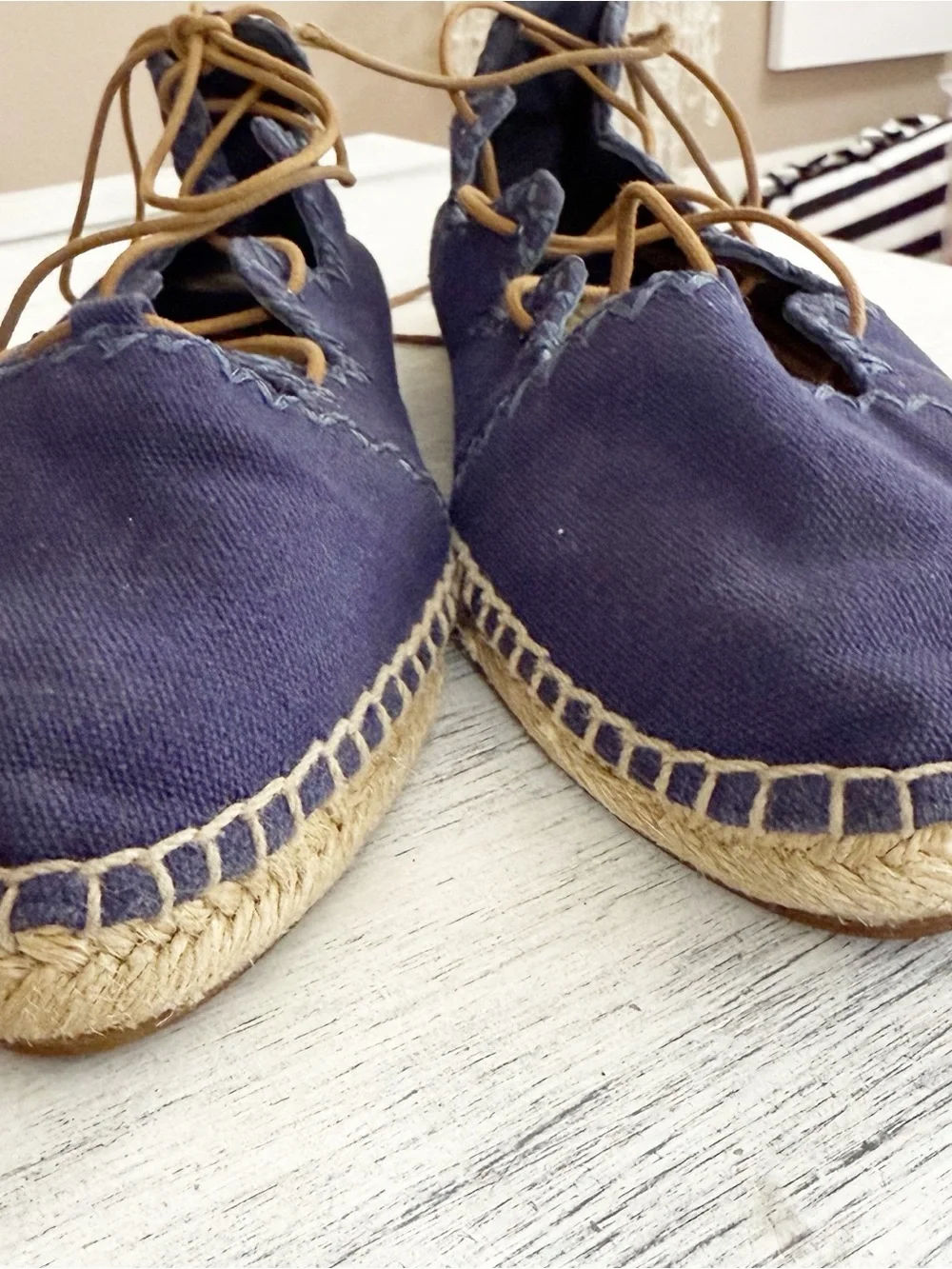 Tory Burch Navy Blue Canvas Lace-Up Espadrilles